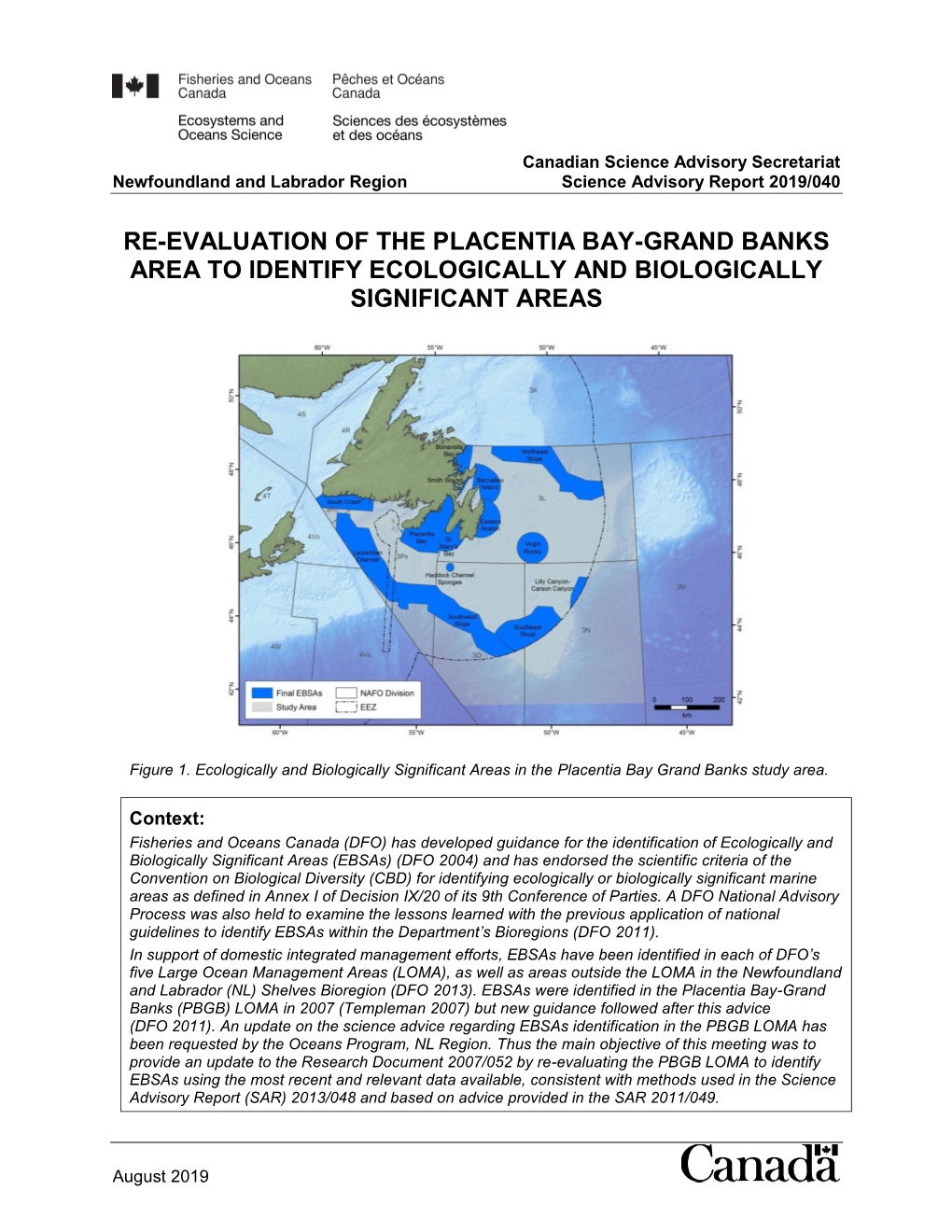 Re-Evaluation of the Placentia Bay-Grand Banks Area to Identify Ecologically and Biologically Significant Areas