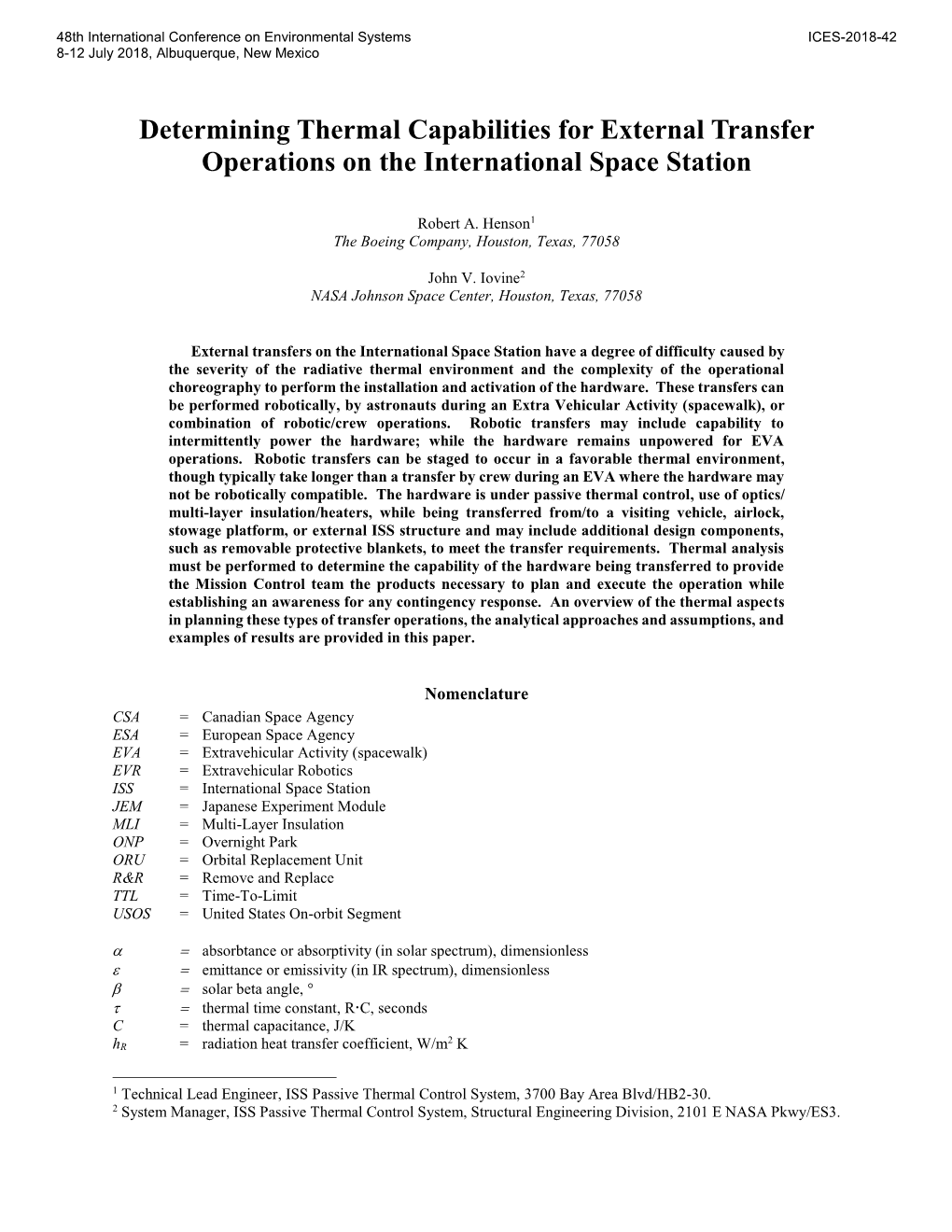 Determining Thermal Capabilities for External Transfer Operations on the International Space Station