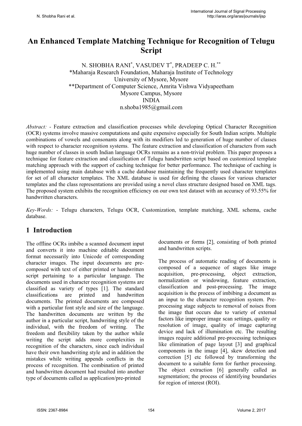 An Enhanced Template Matching Technique for Recognition of Telugu Script