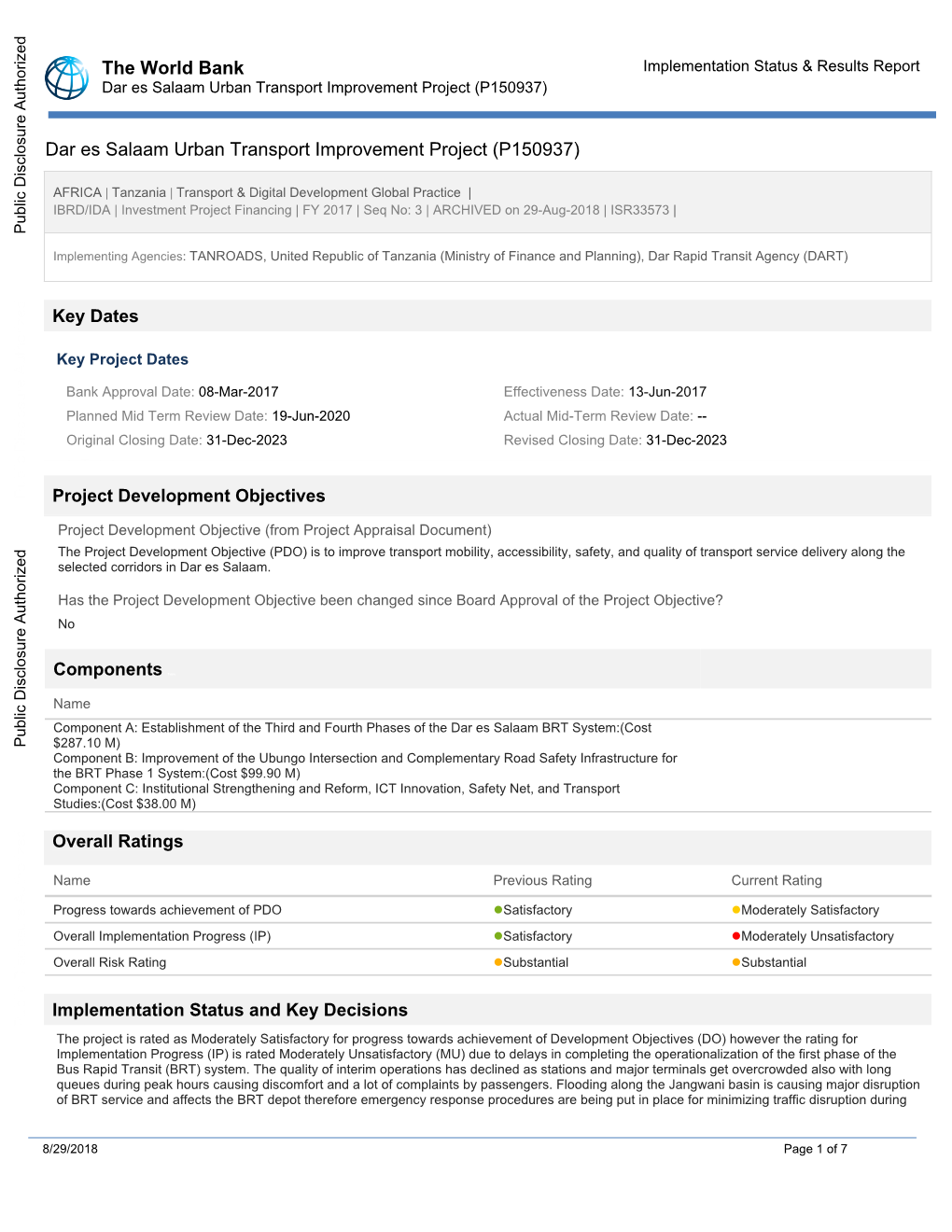 Implementation Status & Results Report Dar Es Salaam Urban Transport Improvement Project