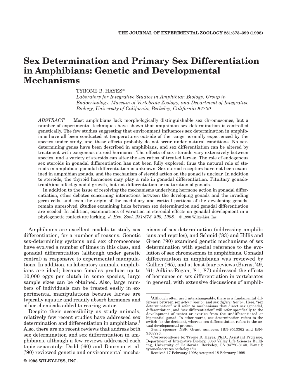 Sex Determination and Primary Sex Differentiation in Amphibians: Genetic and Developmental Mechanisms TYRONE B