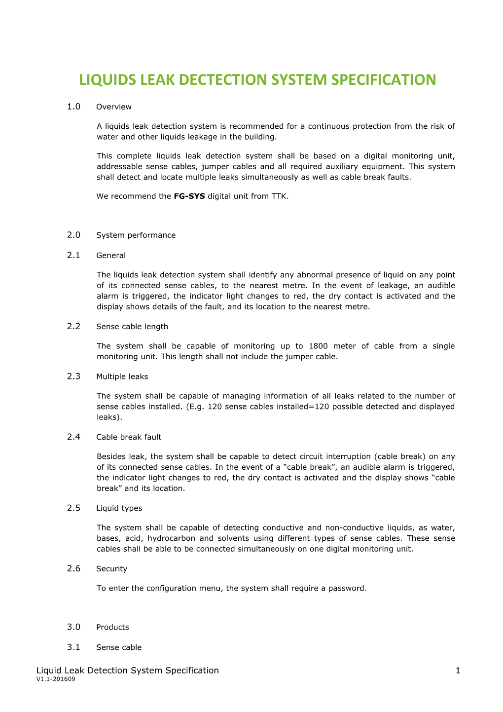 Specification for Liquids Leak Dectection System