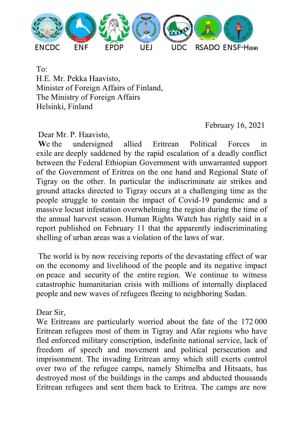 Eritrean Message to Foreign Minister of Finland