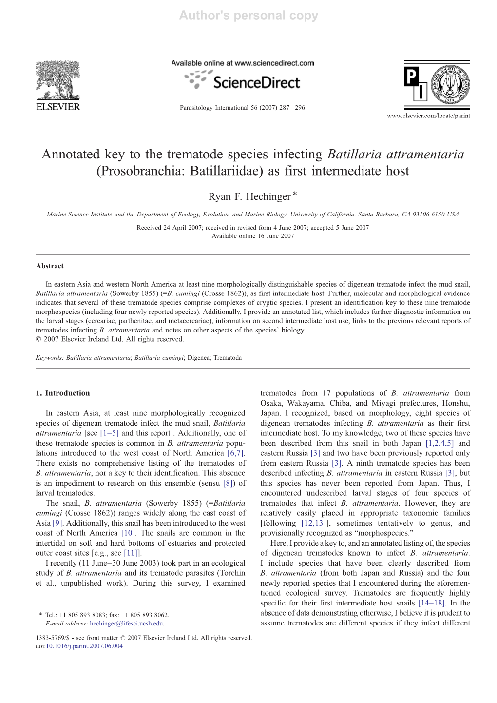 Batillaria Attramentaria (Prosobranchia: Batillariidae) As First Intermediate Host ⁎ Ryan F