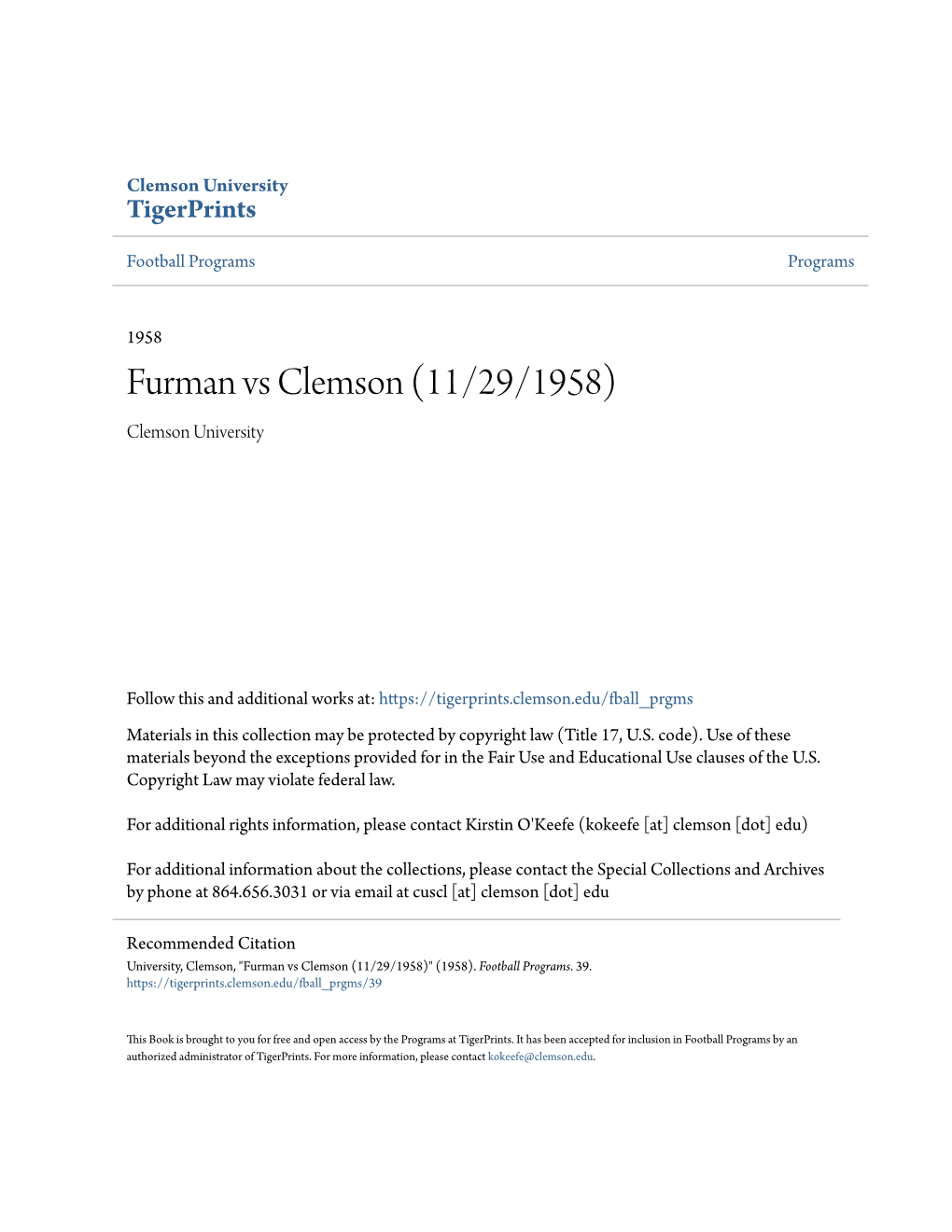 Furman Vs Clemson (11/29/1958) Clemson University