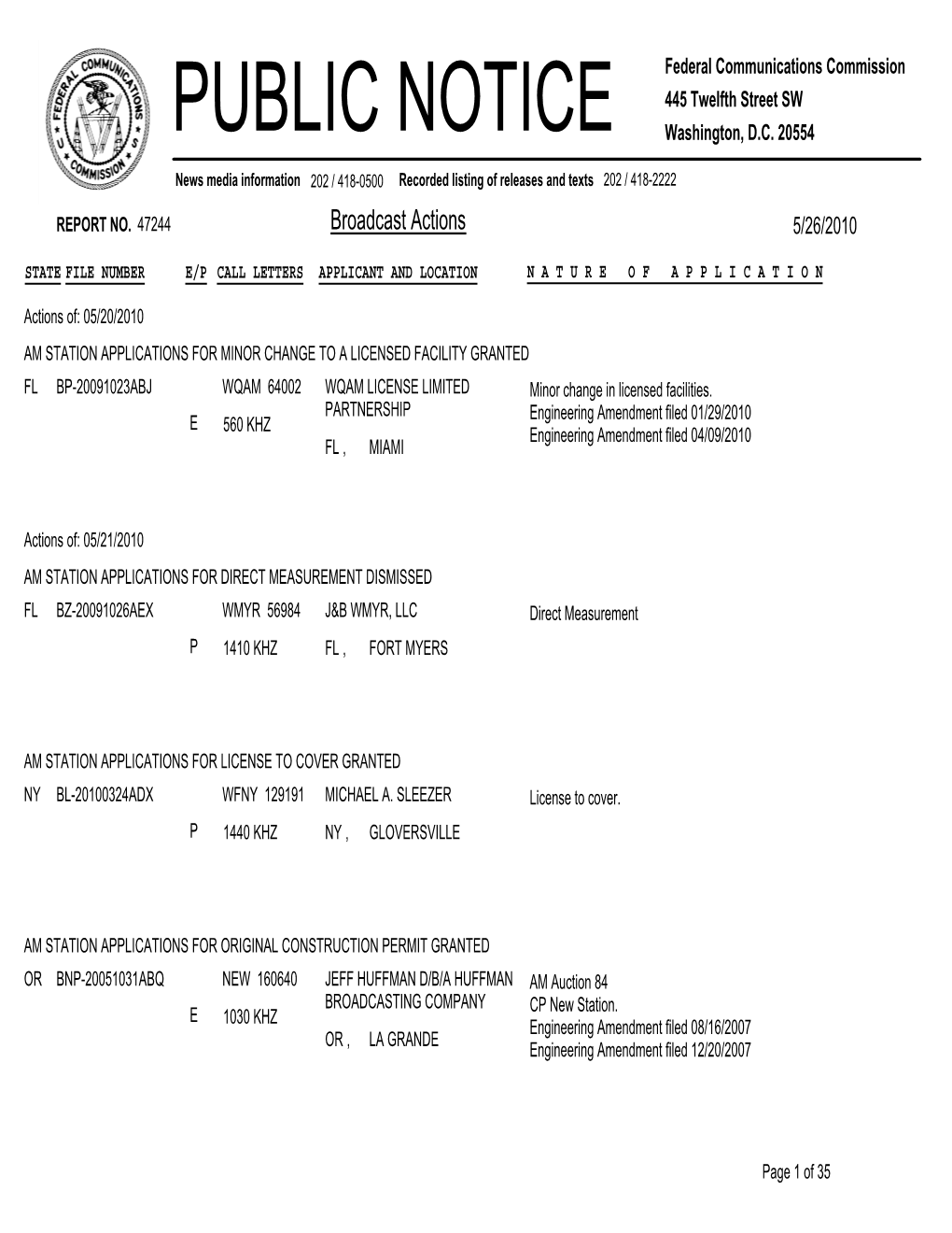 Broadcast Actions 5/26/2010