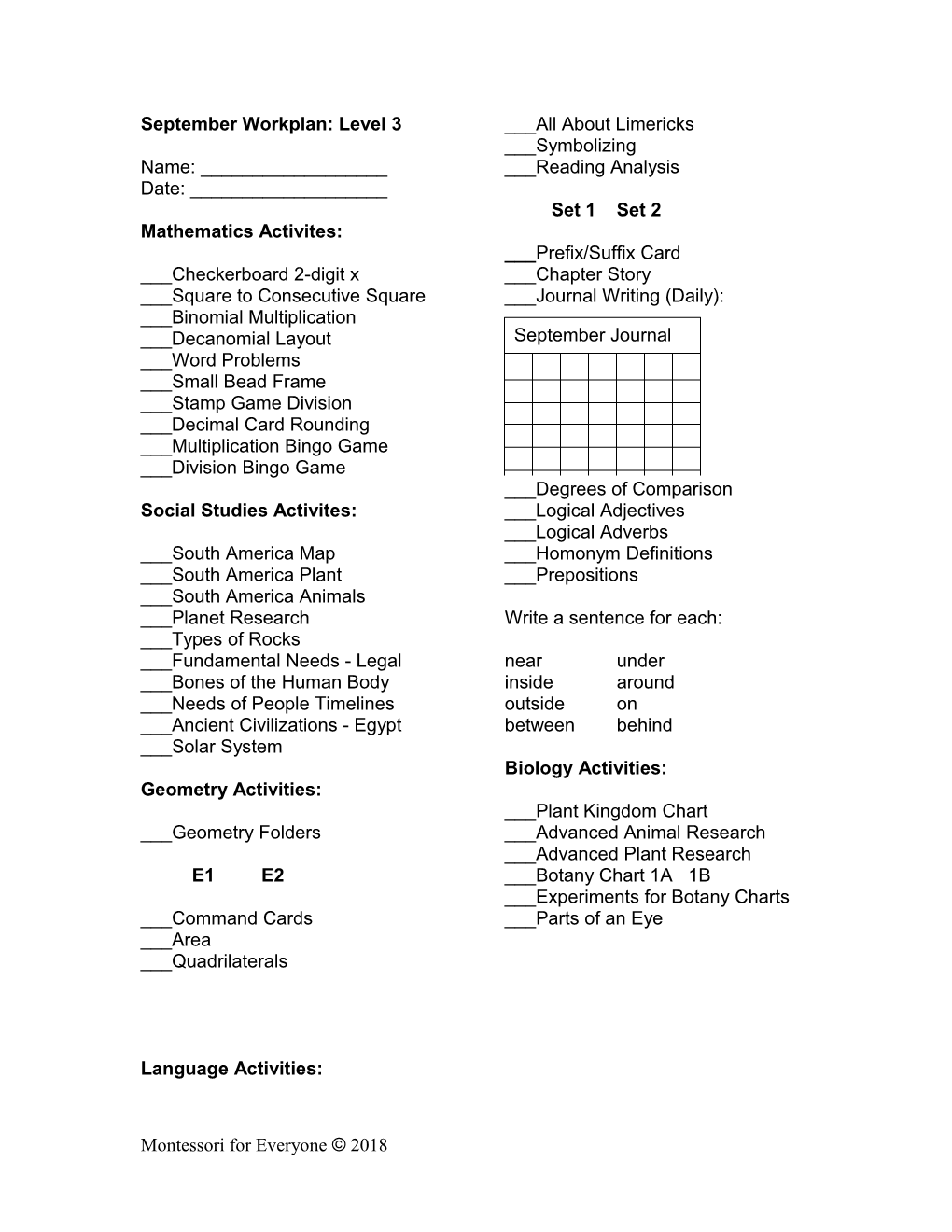 Mathematics Activites