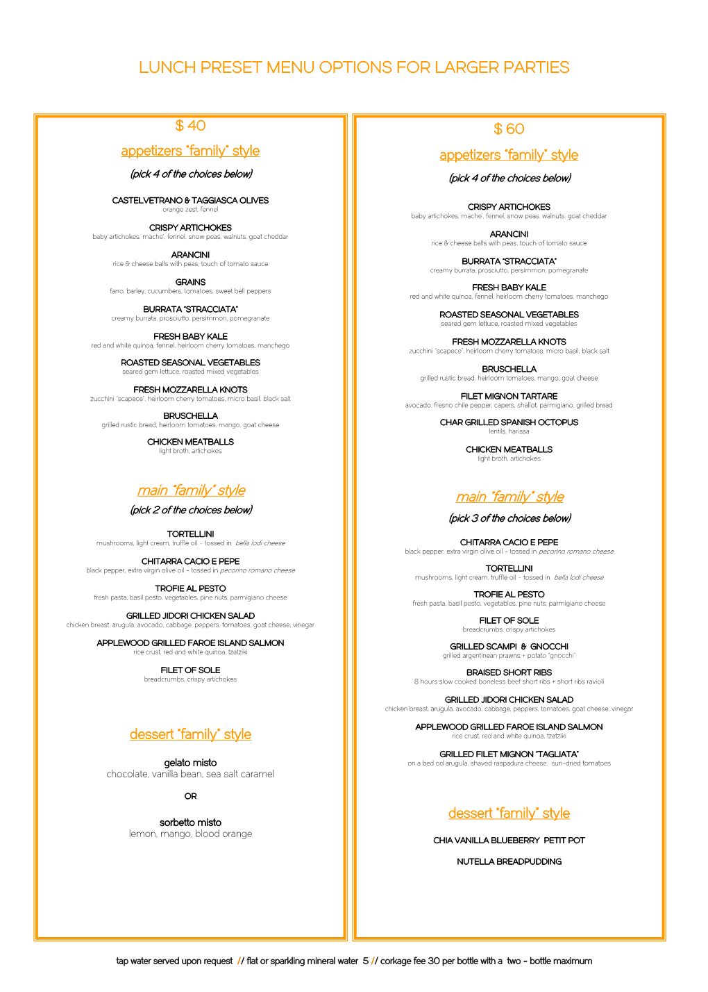 Lunch Preset Menu Options for Larger Parties