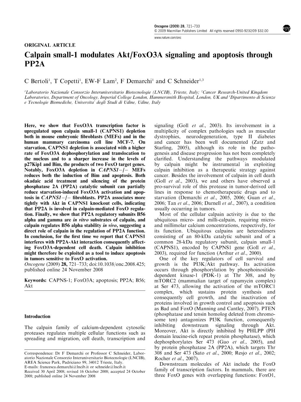 Calpain Small-1 Modulates Akt/Foxo3a Signaling and Apoptosis Through PP2A