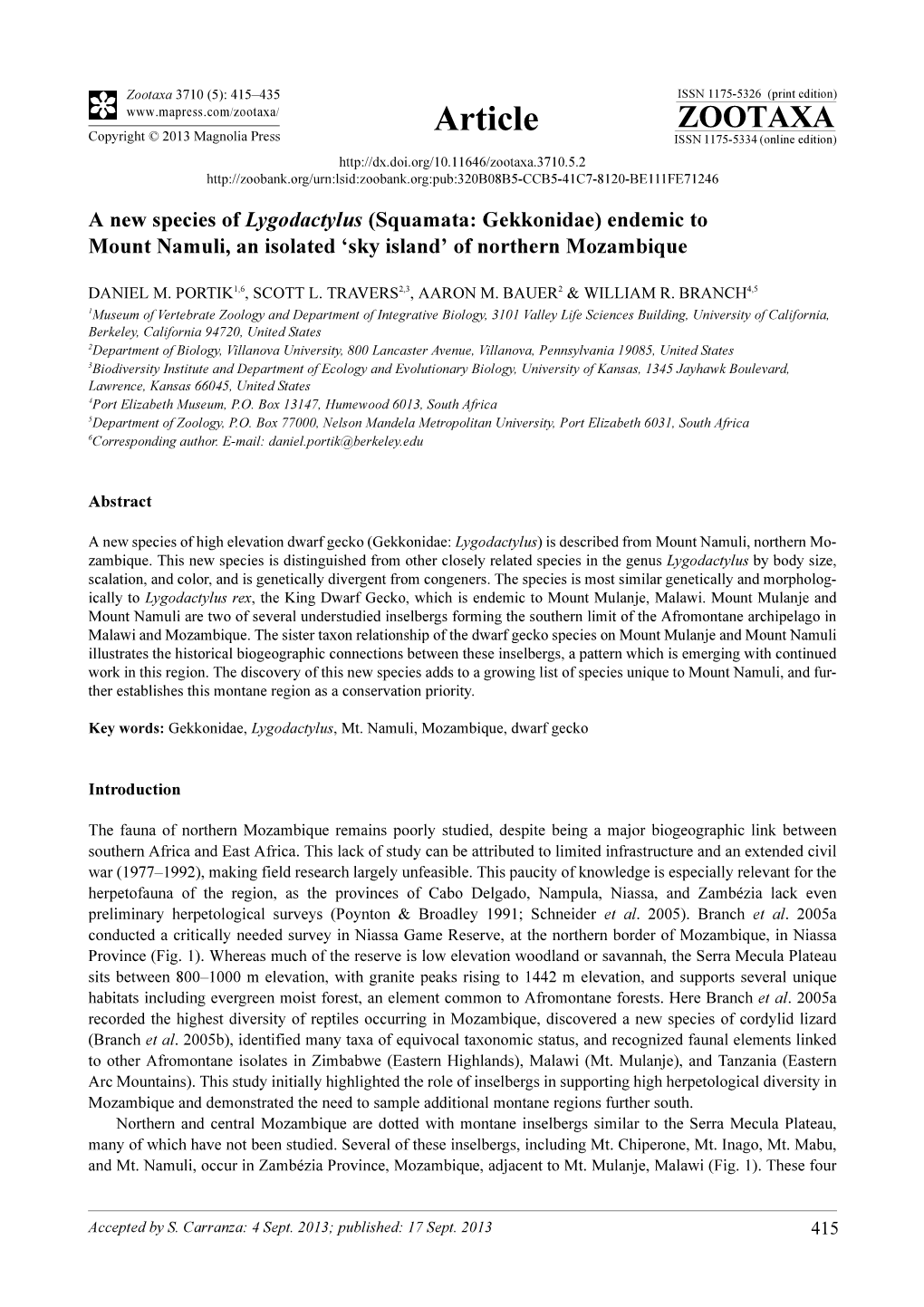 A New Species of Lygodactylus (Squamata: Gekkonidae) Endemic to Mount Namuli, an Isolated ‘Sky Island’ of Northern Mozambique