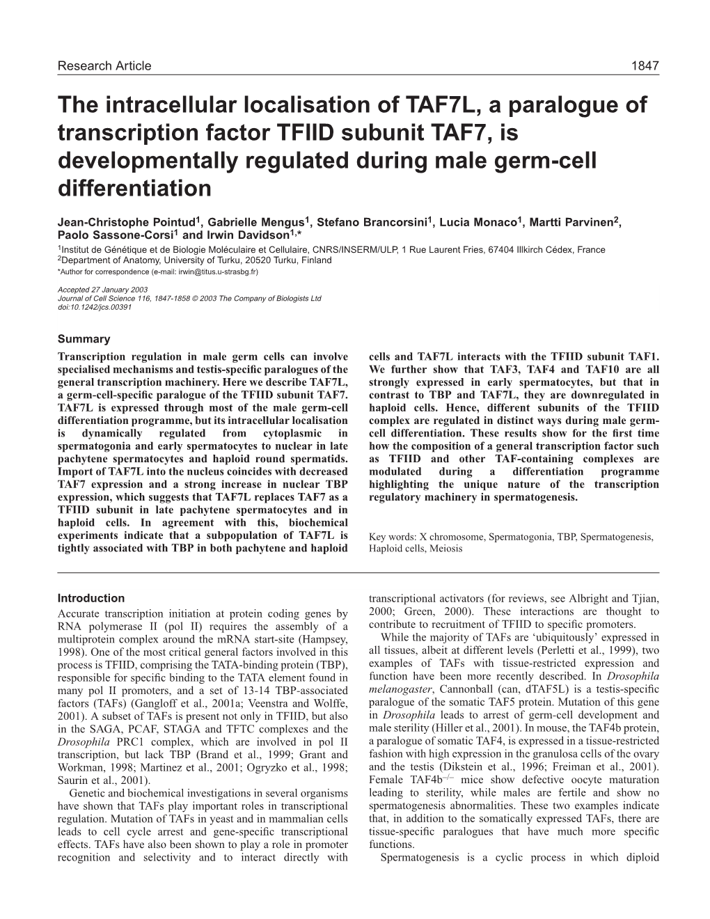The Intracellular Localisation of TAF7L, a Paralogue of Transcription Factor TFIID Subunit TAF7, Is Developmentally Regulated During Male Germ-Cell Differentiation