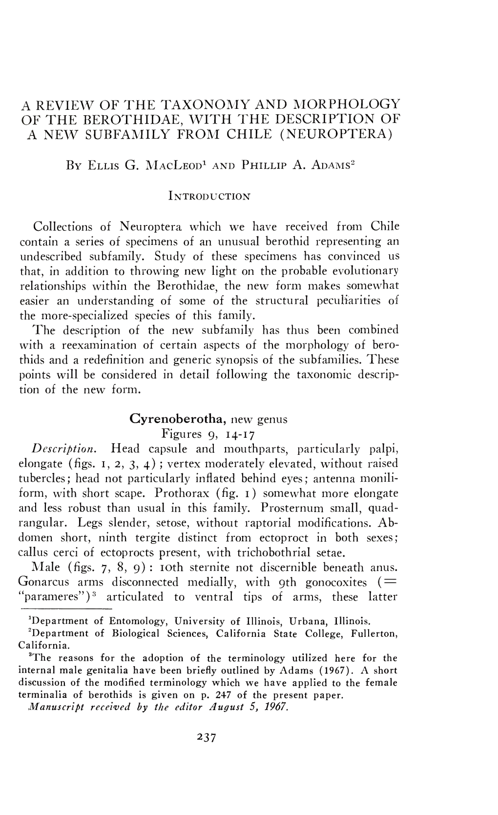 A Review of the Taxonomy and Morphology of the Berothidae, with the Description of a New Subfamily from Chile (Neuroptera)