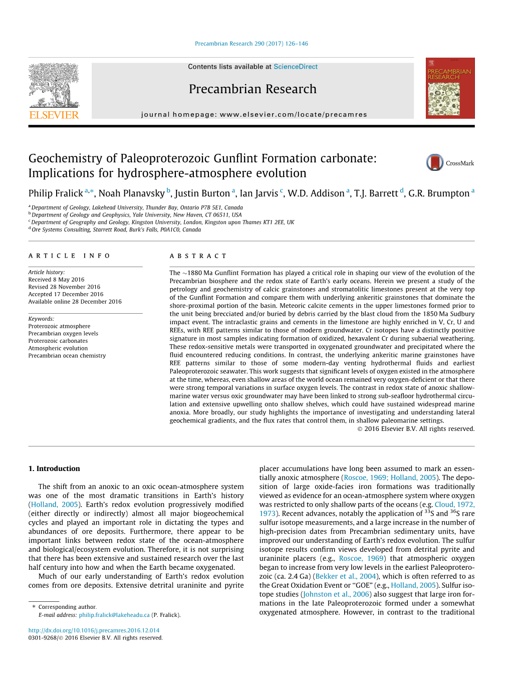 Geochemistry of Paleoproterozoic Gunflint Formation Carbonate