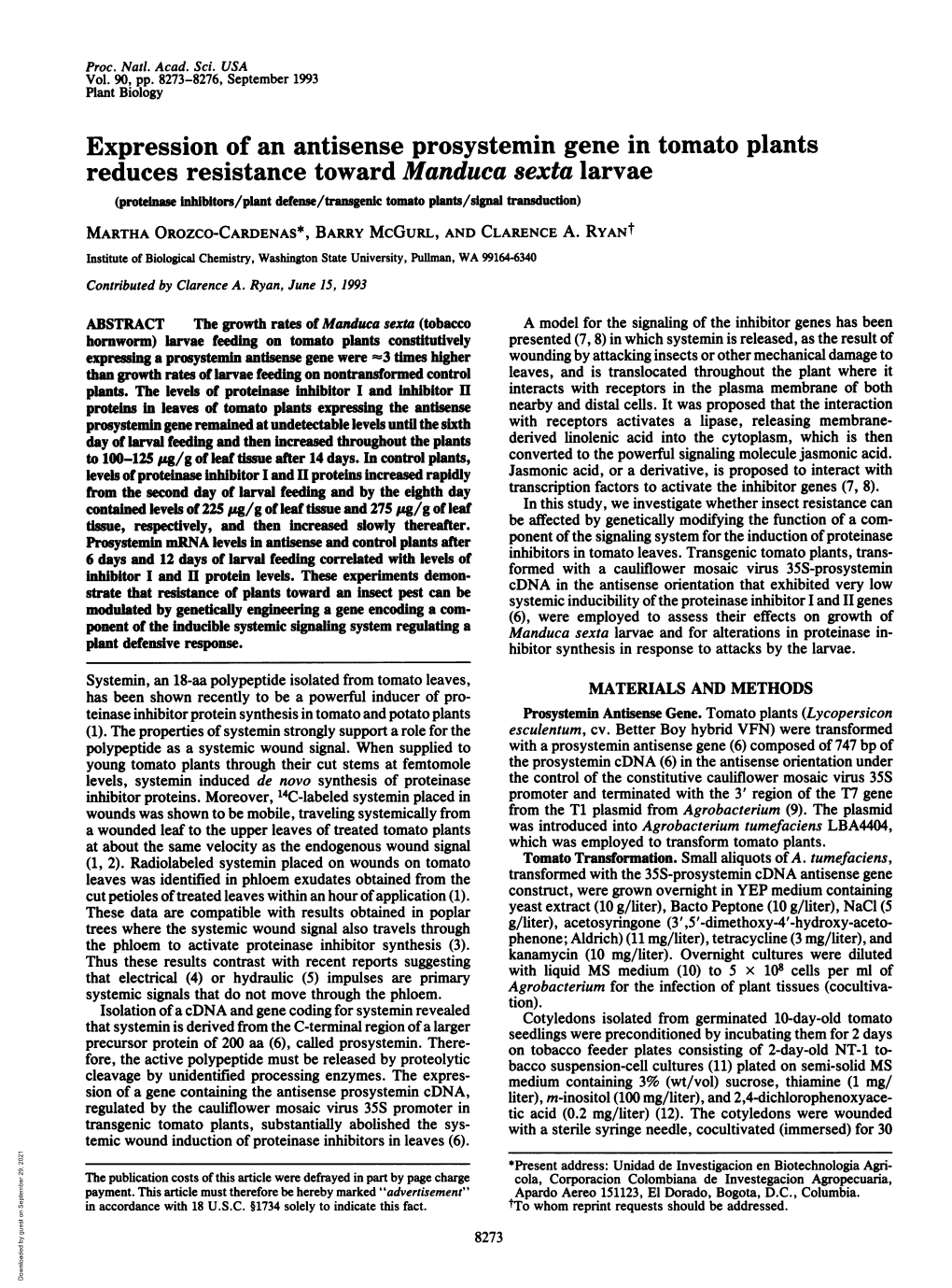 Expression Ofan Antisense Prosystemin Gene in Tomato Plants