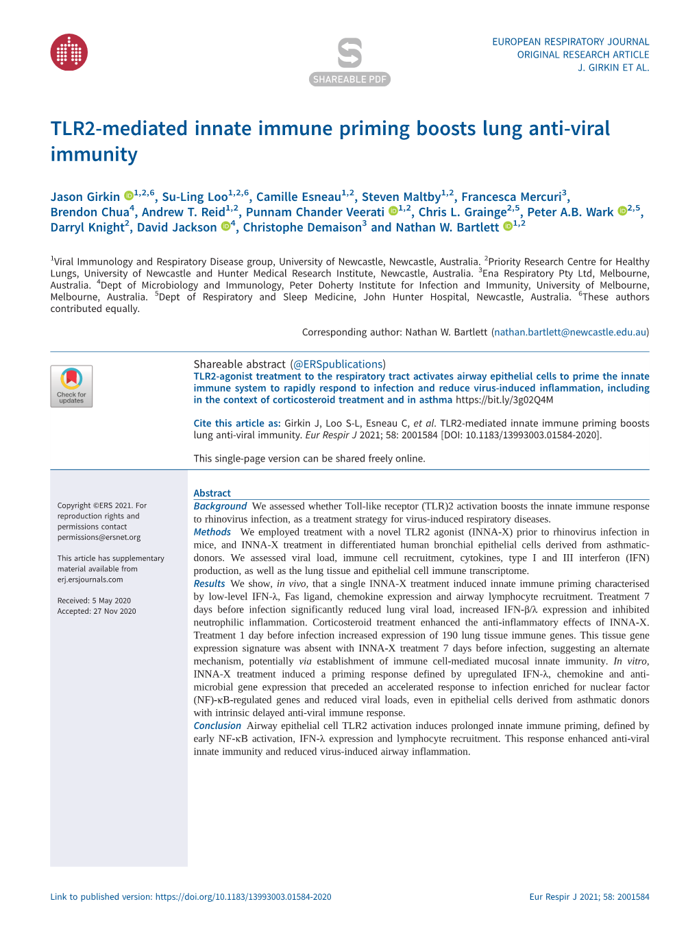 TLR2-Mediated Innate Immune Priming Boosts Lung Anti-Viral Immunity