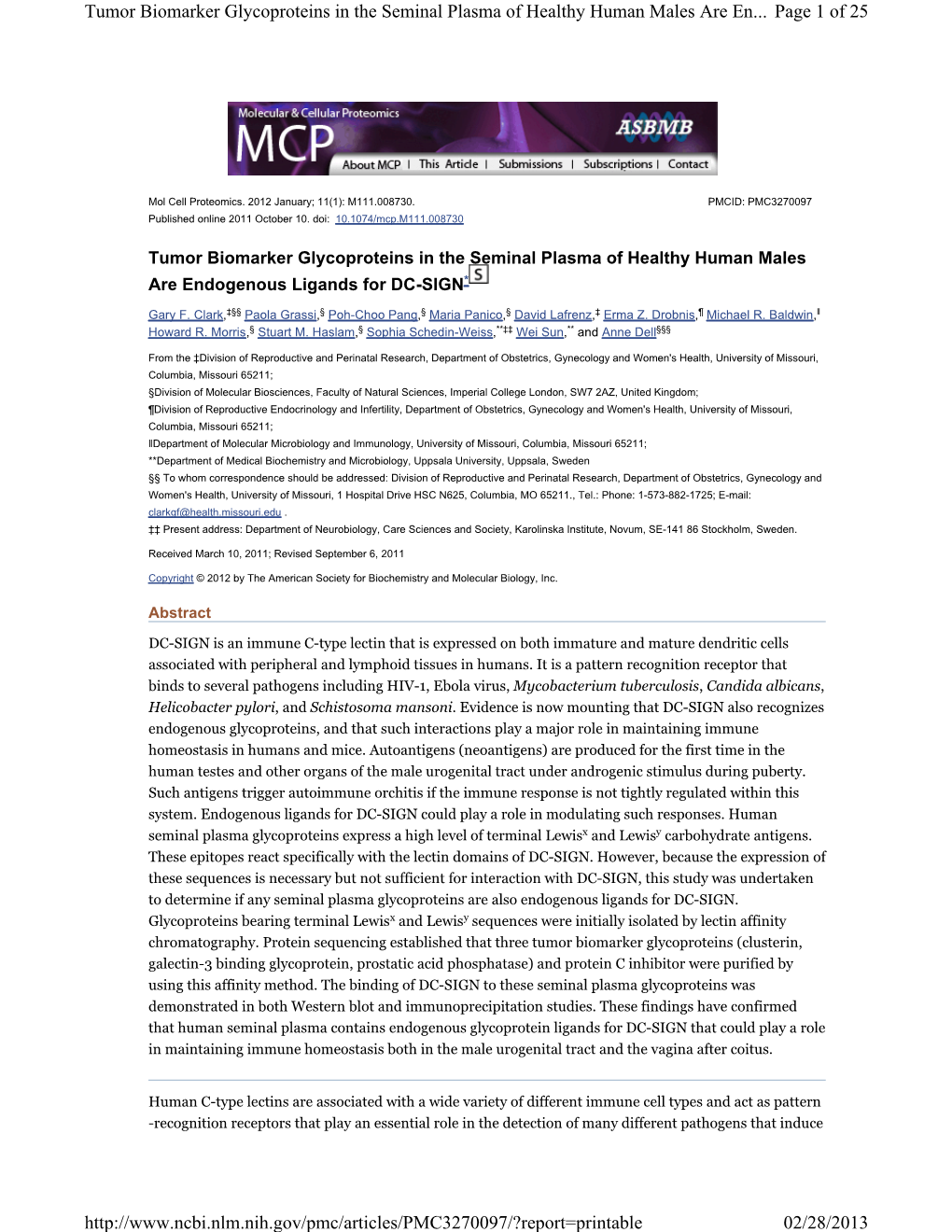 Tumor Biomarker Glycoproteins in the Seminal Plasma of Healthy Human Males Are En