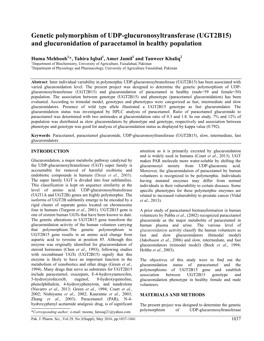 Genetic Polymorphism of UDP-Glucuronosyltransferase (UGT2B15) and Glucuronidation of Paracetamol in Healthy Population