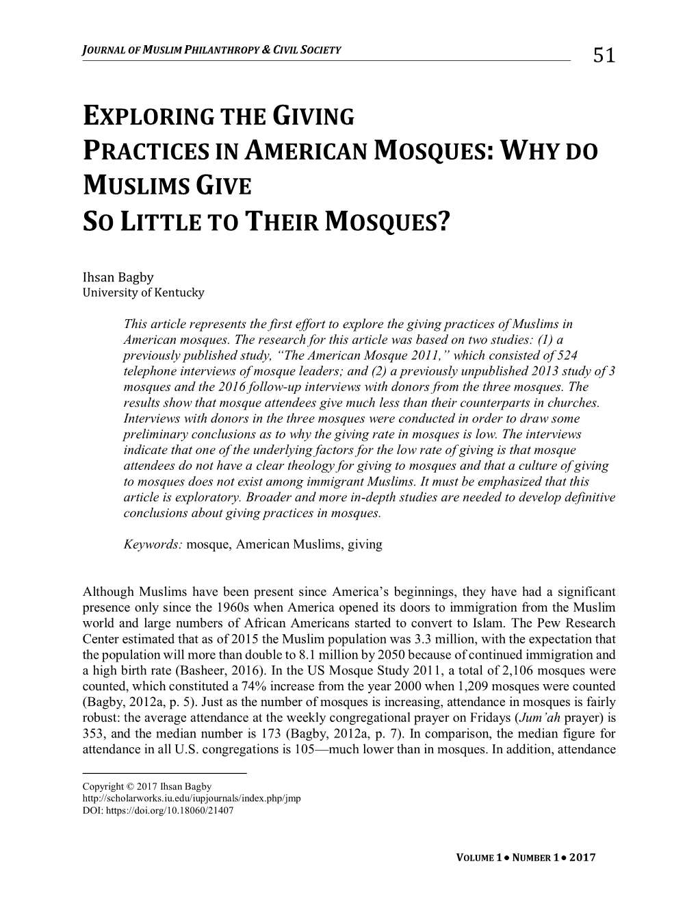 Exploring the Giving Practices in American Mosques: Why Do Muslims Give So Little to Their Mosques?