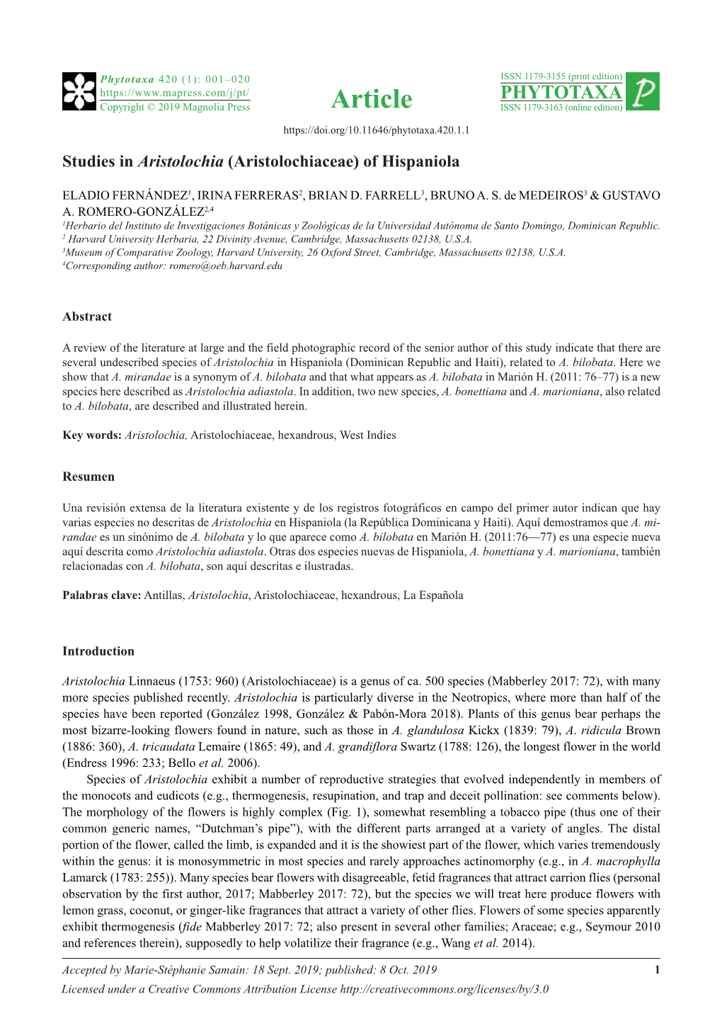 Aristolochiaceae) of Hispaniola