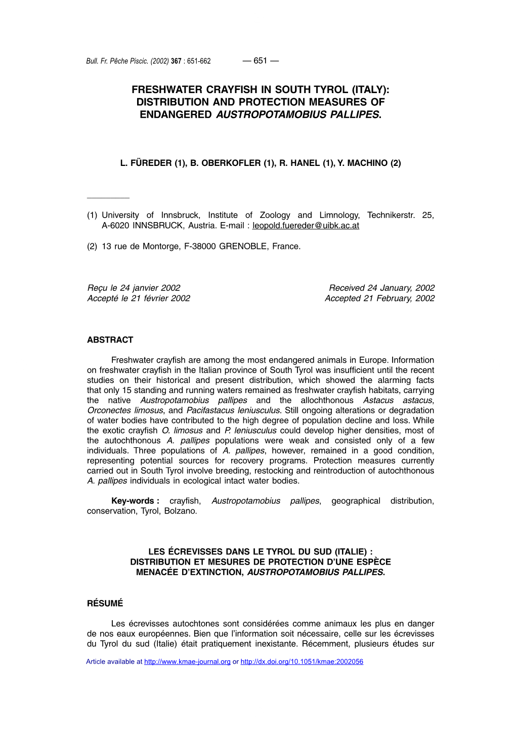 Freshwater Crayfish in South Tyrol (Italy): Distribution and Protection Measures of Endangered Austropotamobius Pallipes