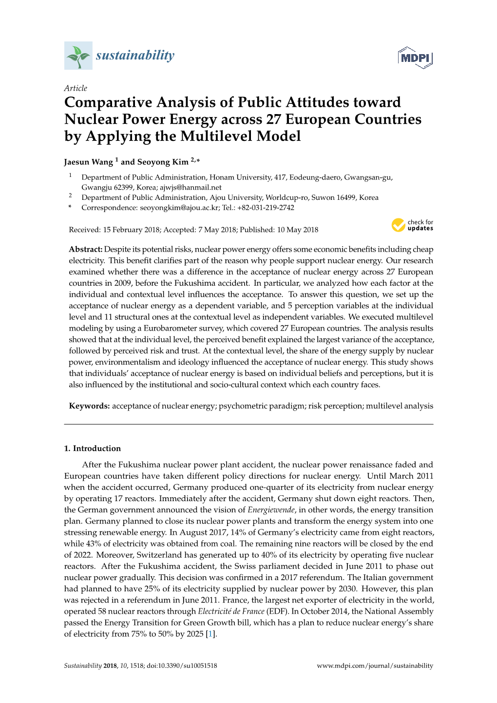 Comparative Analysis of Public Attitudes Toward Nuclear Power Energy Across 27 European Countries by Applying the Multilevel Model