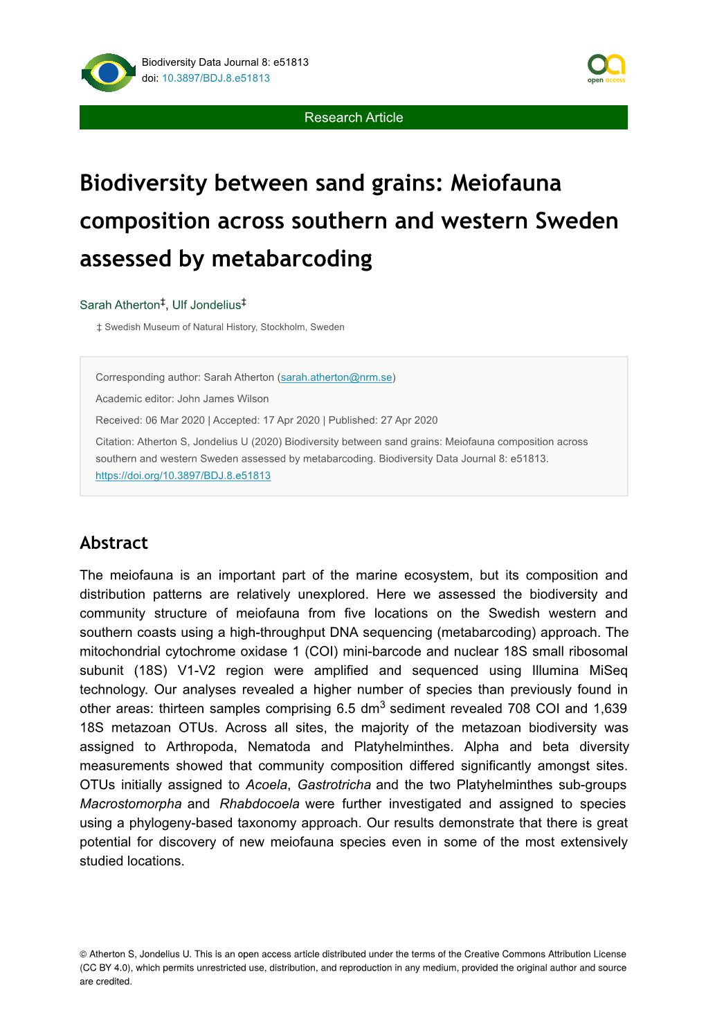 Biodiversity Between Sand Grains: Meiofauna Composition Across Southern and Western Sweden Assessed by Metabarcoding