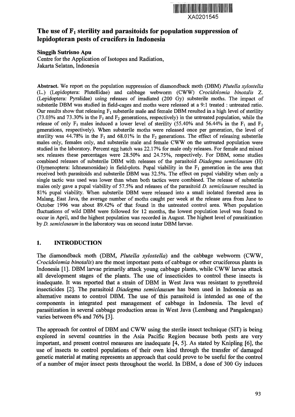 The Use of Fi Sterility and Parasitoids for Population Suppression of Lepidopteran Pests of Crucifers in Indonesia