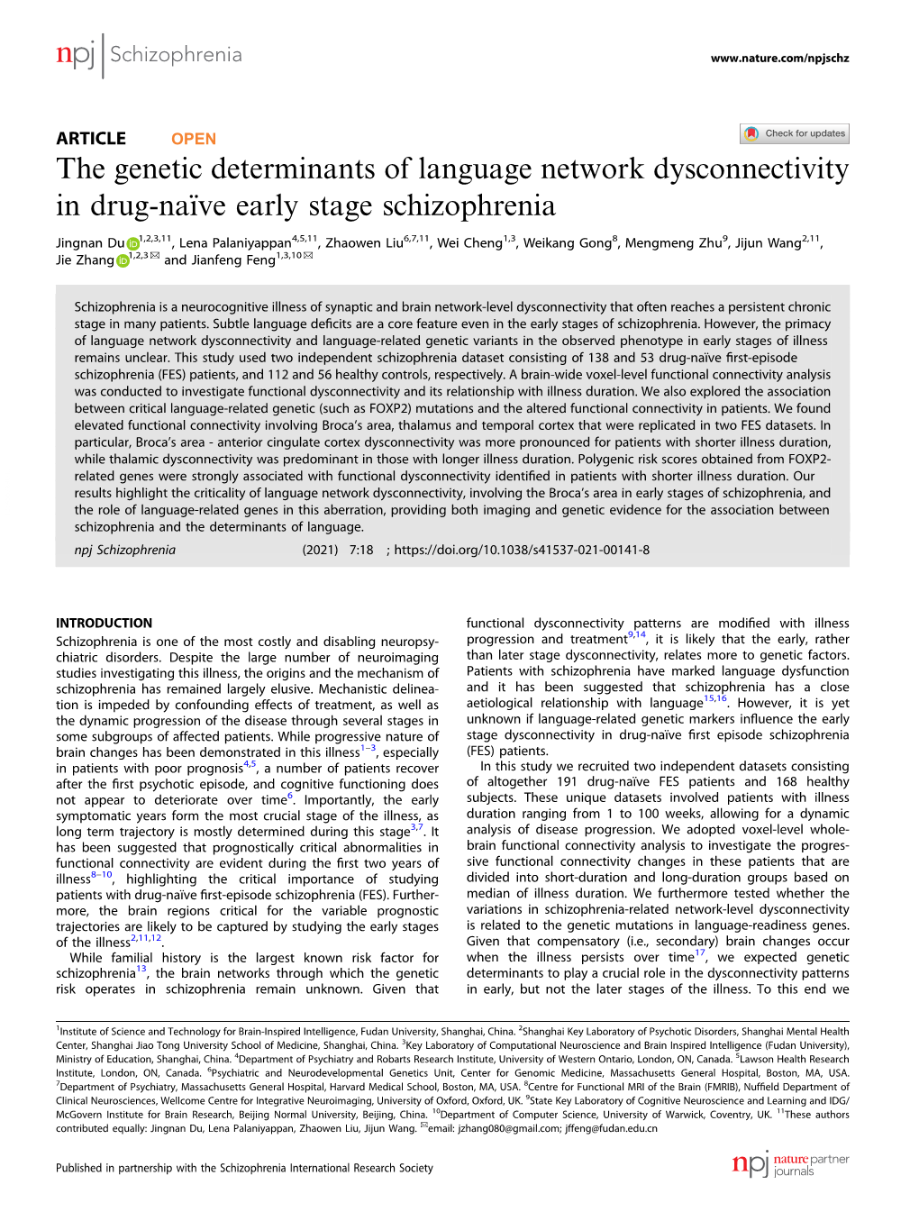 The Genetic Determinants of Language Network Dysconnectivity in Drug-Naïve Early Stage Schizophrenia