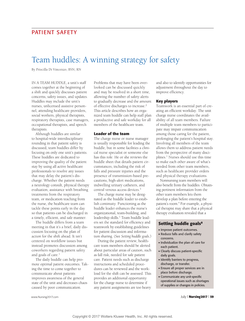 Team Huddles: a Winning Strategy for Safety by Priscilla Di Vincenzo, BSN, RN