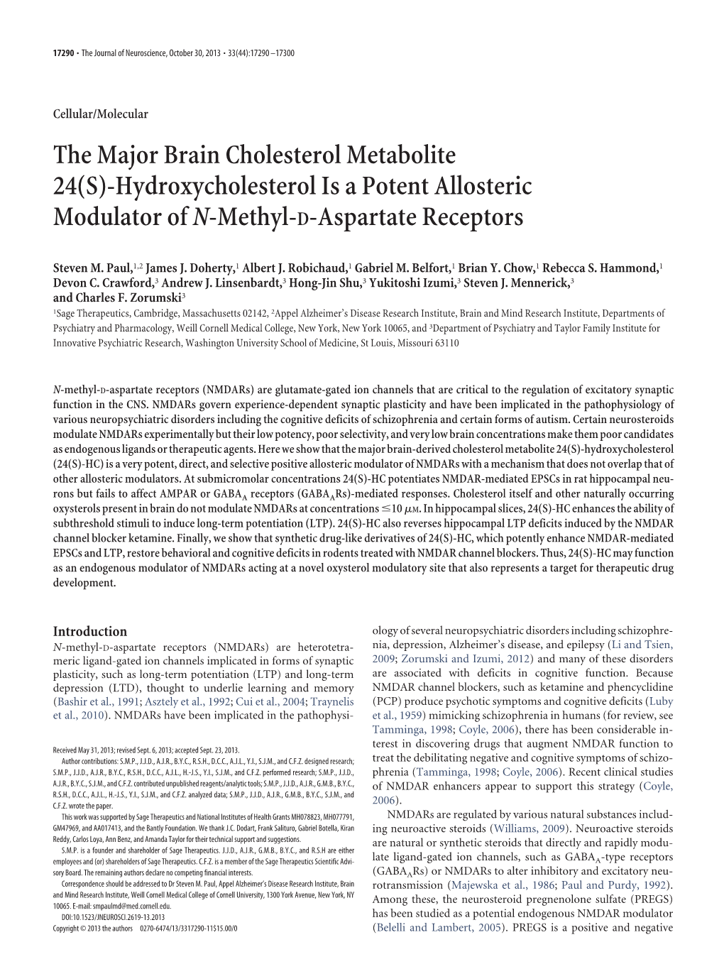 The Major Brain Cholesterol Metabolite 24(S)-Hydroxycholesterol Is a Potent Allosteric Modulator Ofn-Methyl-D-Aspartate Receptor