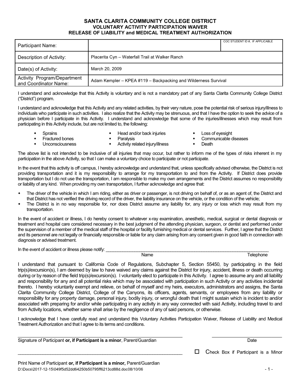 Voluntary Activities Participation Form