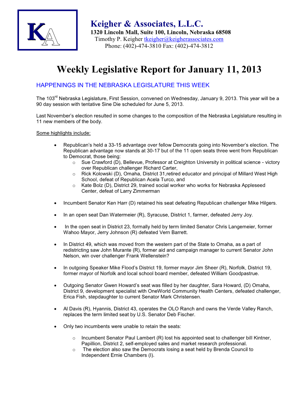 Weekly Legislative Report for January 11, 2013