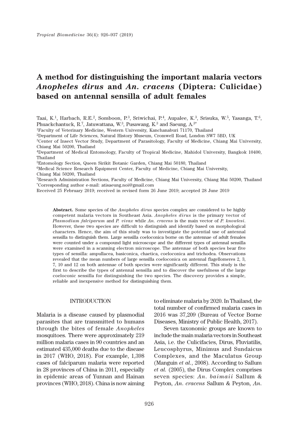 (Diptera: Culicidae) Based on Antennal Sensilla of Adult Females