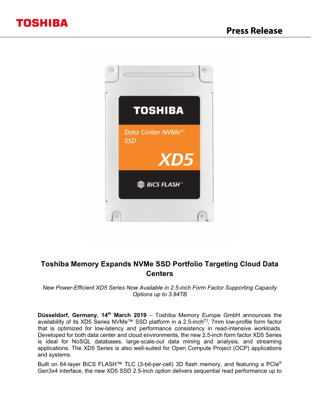 Toshiba Memory Expands Nvme SSD Portfolio Targeting Cloud Data Centers