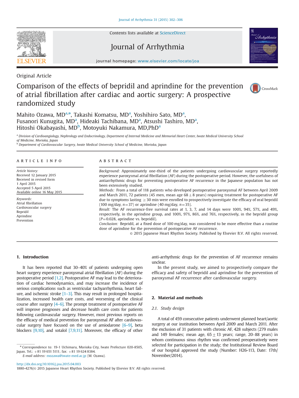 Comparison of the Effects of Bepridil and Aprindine for the Prevention of Atrial ﬁbrillation After Cardiac and Aortic Surgery: a Prospective Randomized Study