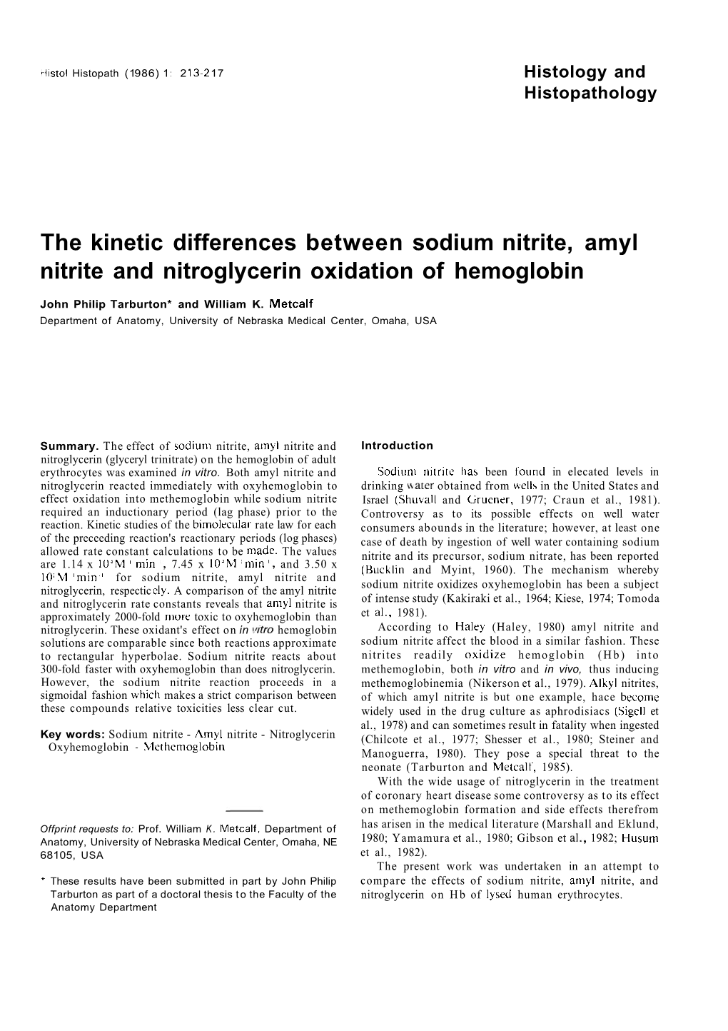 The Kinetic Differences Between Sodium Nitrite, Amyl Nitrite and Nitroglycerin Oxidation of Hemoglobin