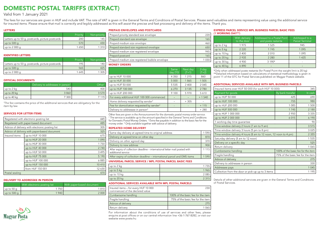 DOMESTIC POSTAL TARIFFS (EXTRACT) Valid from 1 January 2021 the Fees for Our Services Are Given in HUF and Include VAT