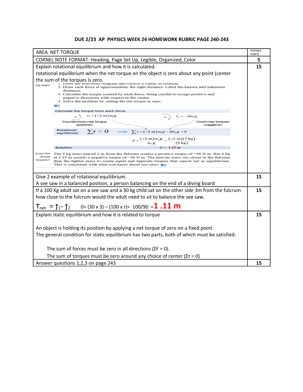 Due 2/23 Ap Physics Week 24 Homework Rubric Page 240-243