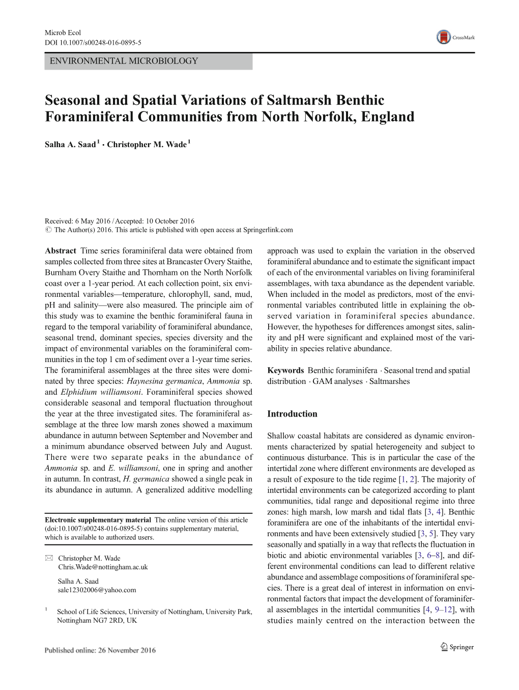 Seasonal and Spatial Variations of Saltmarsh Benthic Foraminiferal Communities from North Norfolk, England