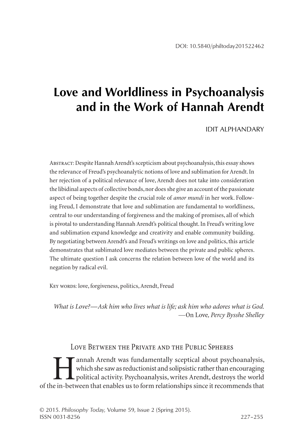 Love and Worldliness in Psychoanalysis and in the Work of Hannah Arendt