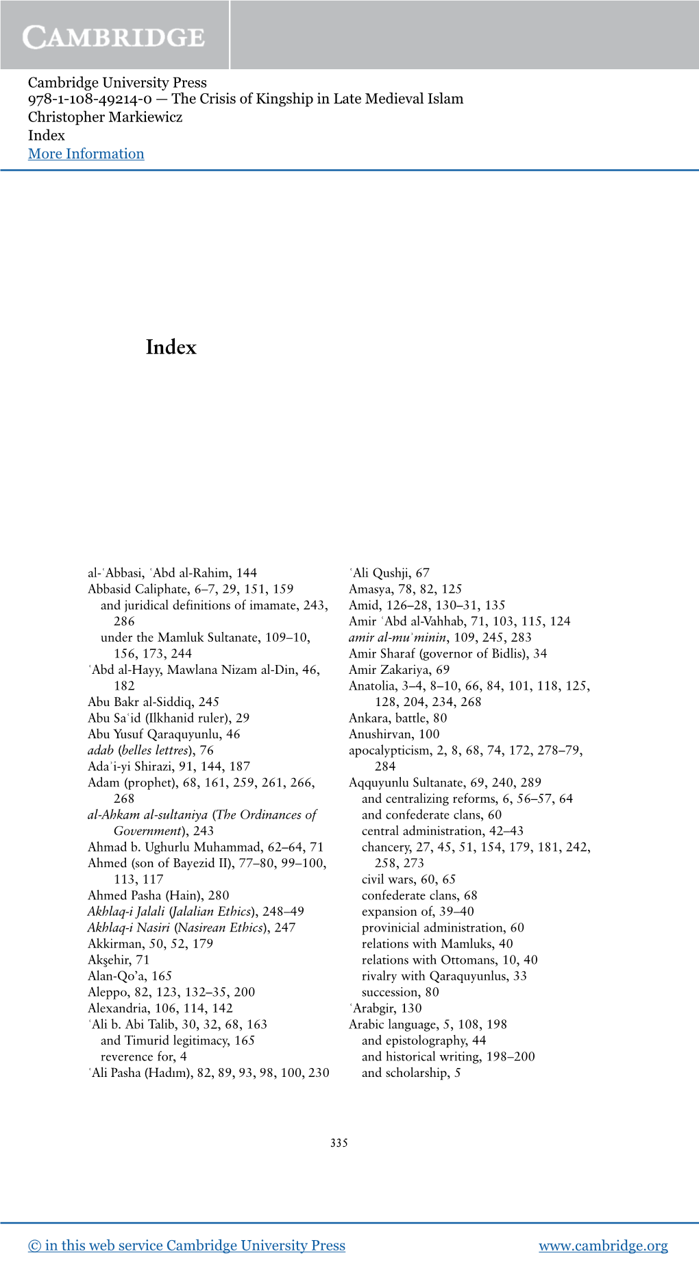 Cambridge University Press 978-1-108-49214-0 — the Crisis of Kingship in Late Medieval Islam Christopher Markiewicz Index More Information