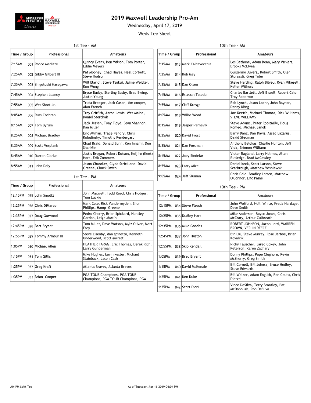 Maxwell Leadership Pro-Am Pairings