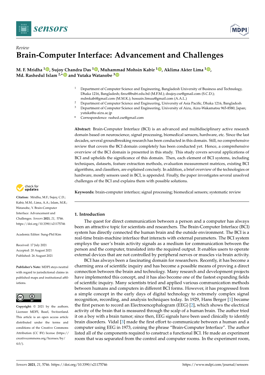 Brain-Computer Interface: Advancement and Challenges