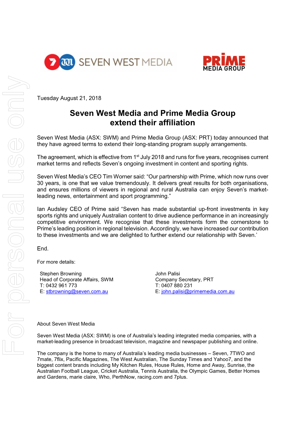 Seven West Media and Prime Media Group Extend Their Affiliation