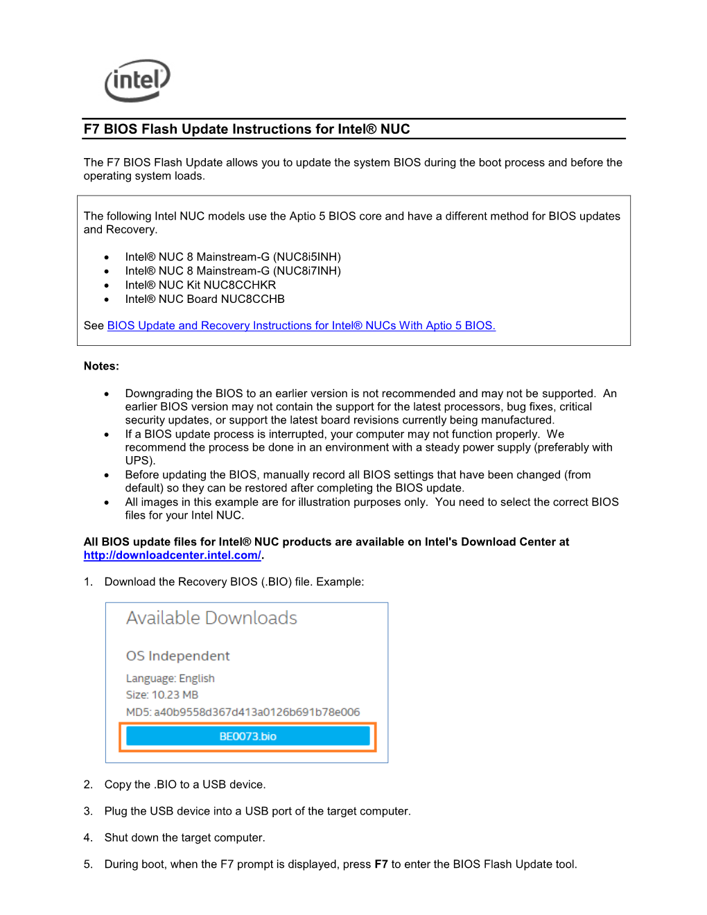 F7 BIOS Flash Update Instructions for Intel® NUC