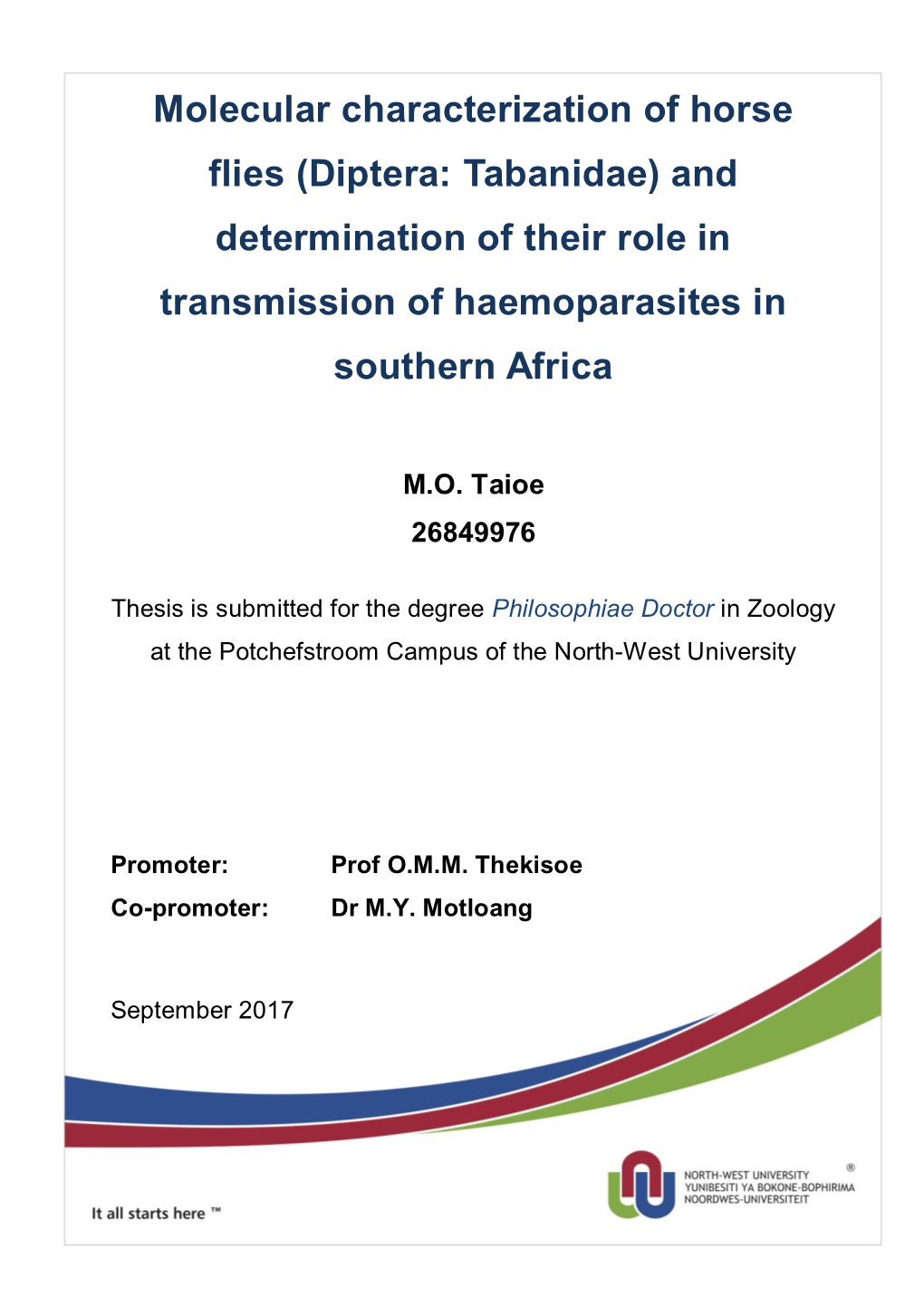 Molecular Characterization of Horse Flies (Diptera: Tabanidae) and Determination of Their Role in Transmission of Haemoparasites in Southern Africa