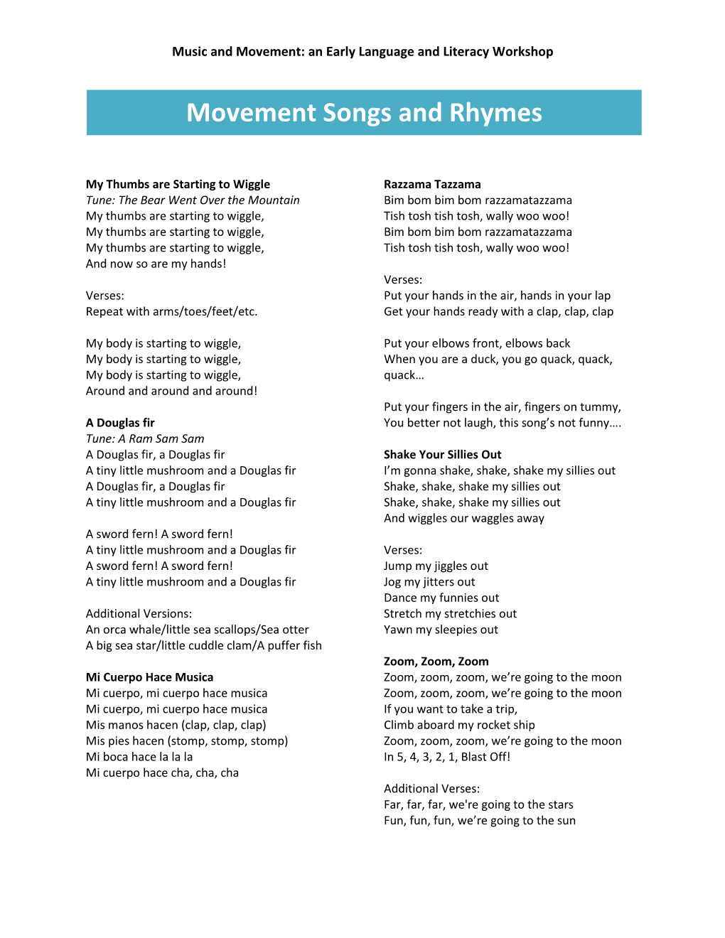 Movement Songs and Rhymes