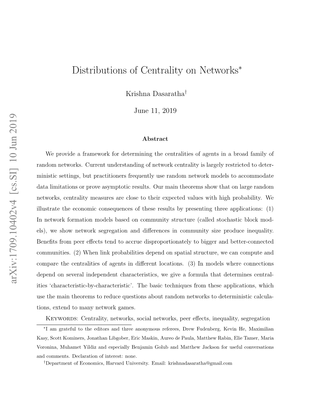 Distributions of Centrality on Networks Arxiv:1709.10402V4 [Cs.SI]