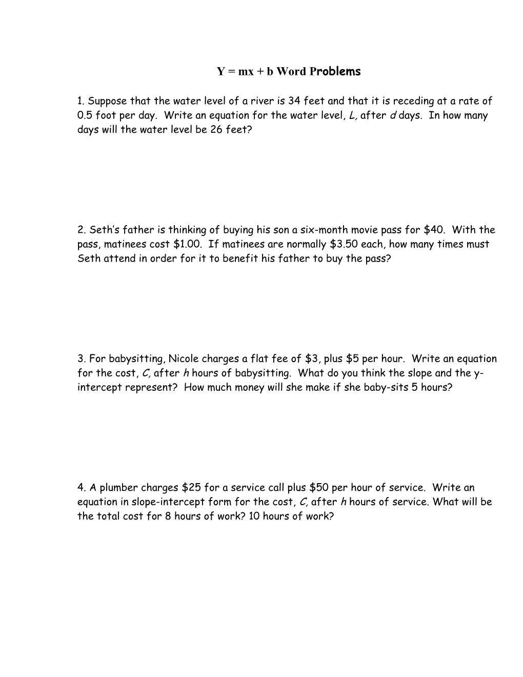 Y = Mx + B Word Problems #1 s1