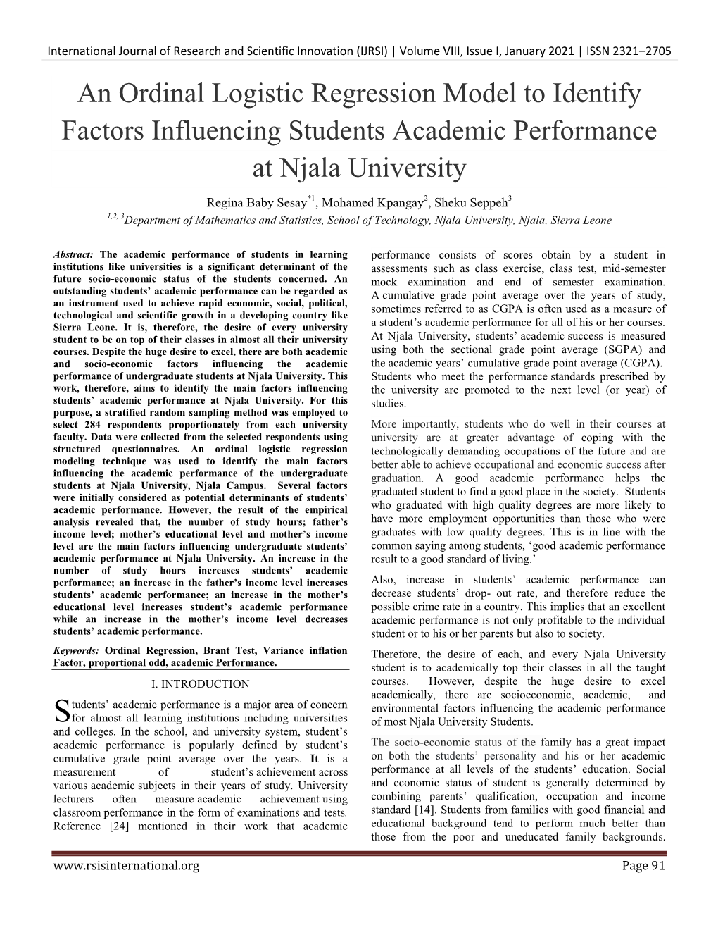 An Ordinal Logistic Regression Model to Identify Factors Influencing Students Academic Performance at Njala University